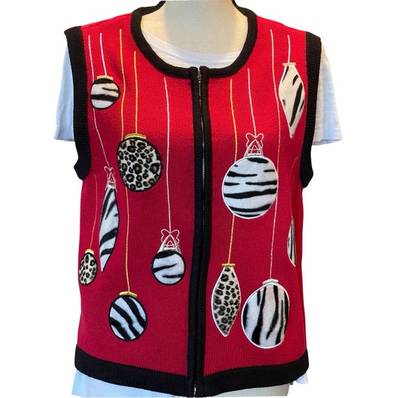 Vintage Festive Red Holiday Christmas Sweater Vest, Animal Print Ornaments, SP - Picture 2 of 9